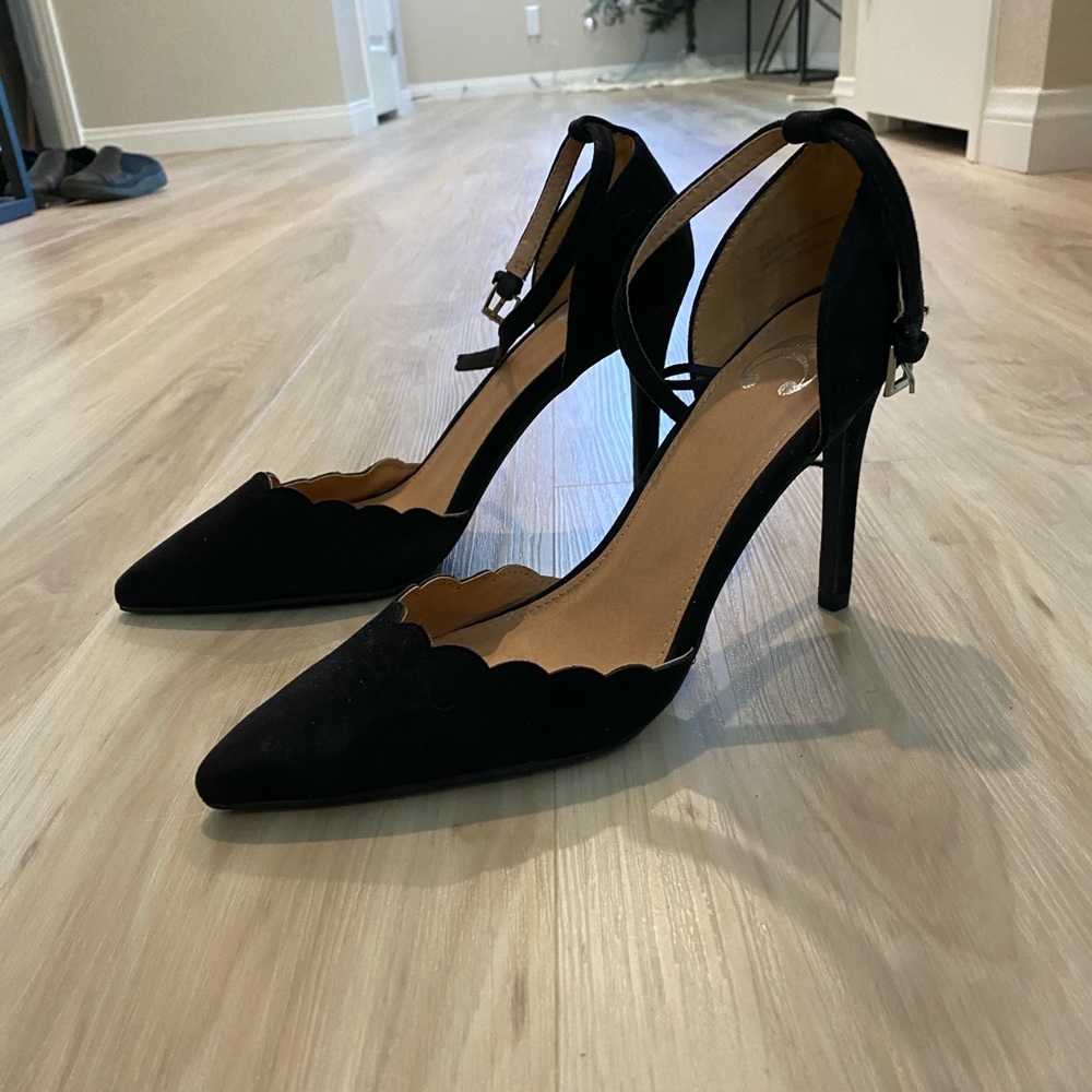 Black suede scalloped edge heels